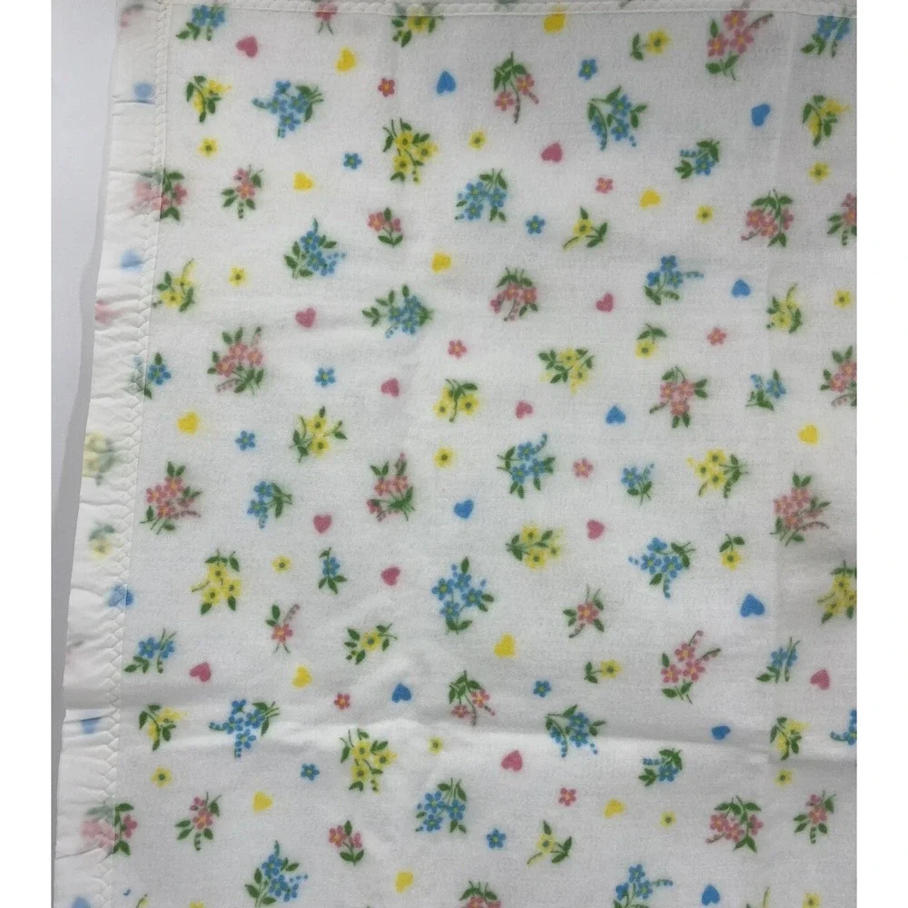 Vintage Chatham Baby Blanket Satin Trim Fleece Hearts Flowers Floral 40 x 44
